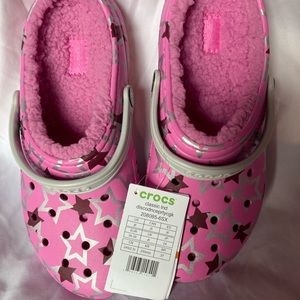 Fantastic NWT pink lined Disco Crocs J6
